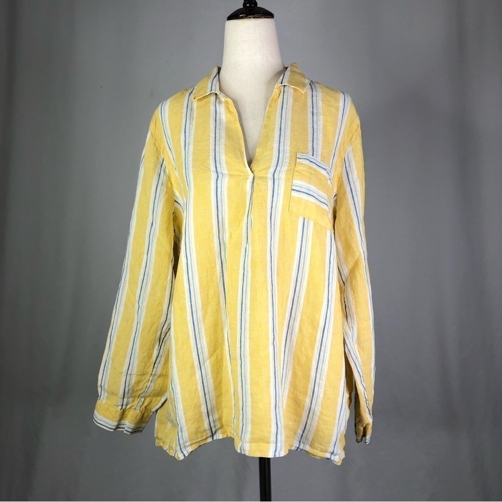 J. Jill 100% linen split neck blouse lemon yellow stripe roll tab sleeves LP